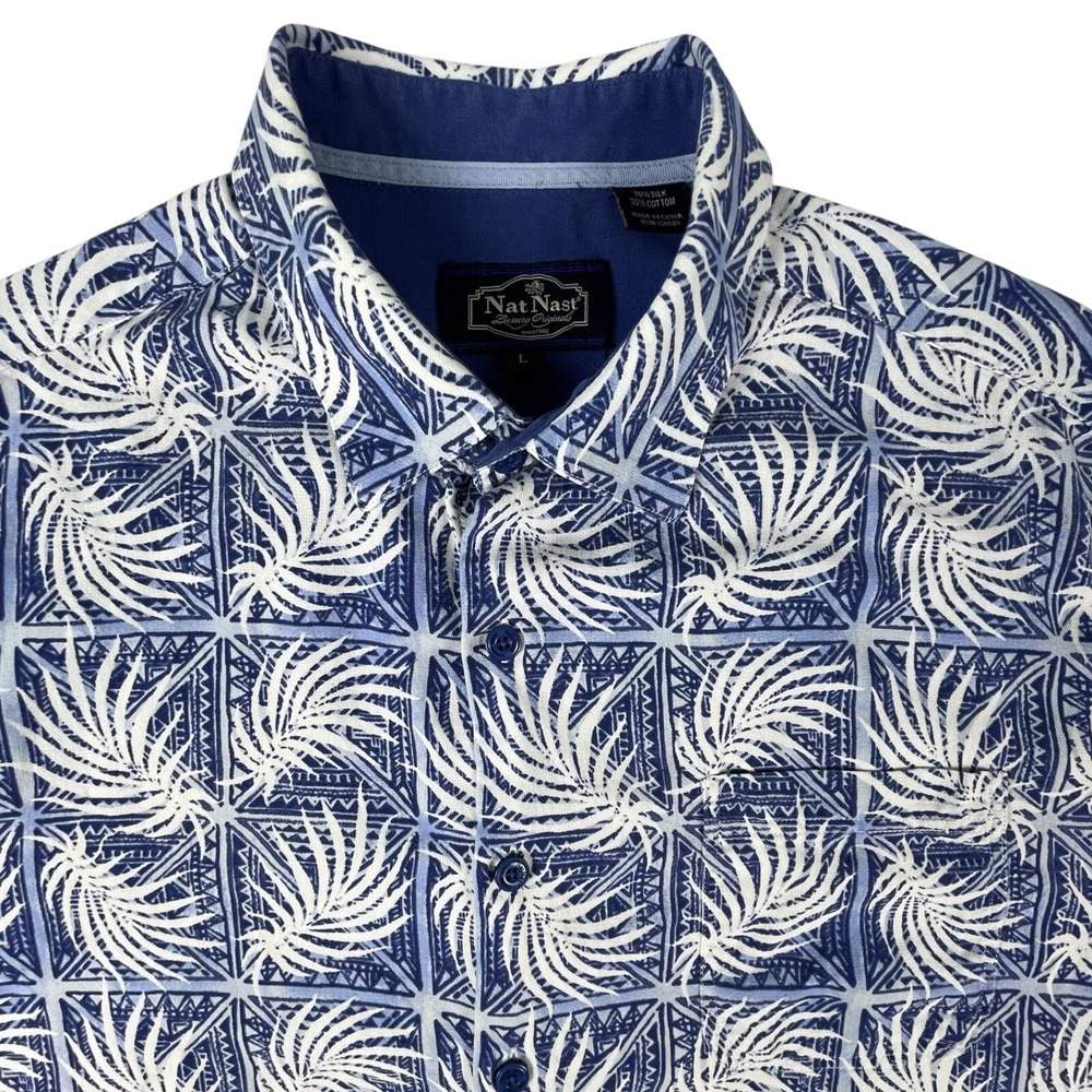 Nat Nast Button Up Mens L Blue Silk Cotton Palm Leaf Print Short Sleeve Shirt